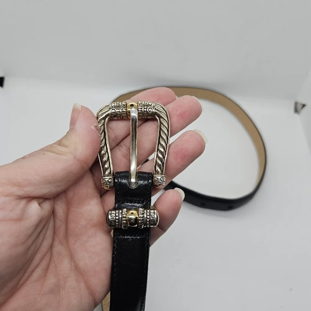 Brighton black leather belt with silver tone scrollwork buckle medium/30